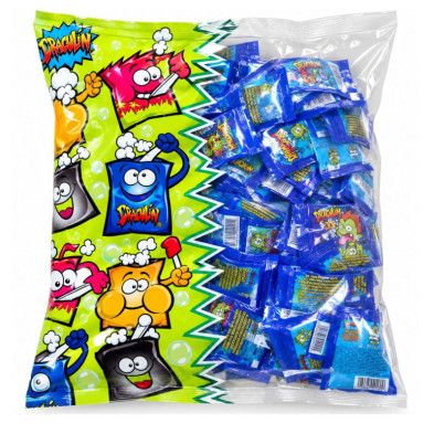 Bolsa transparente con sobres individuales de golosina DRAKUS y textos visibles del producto